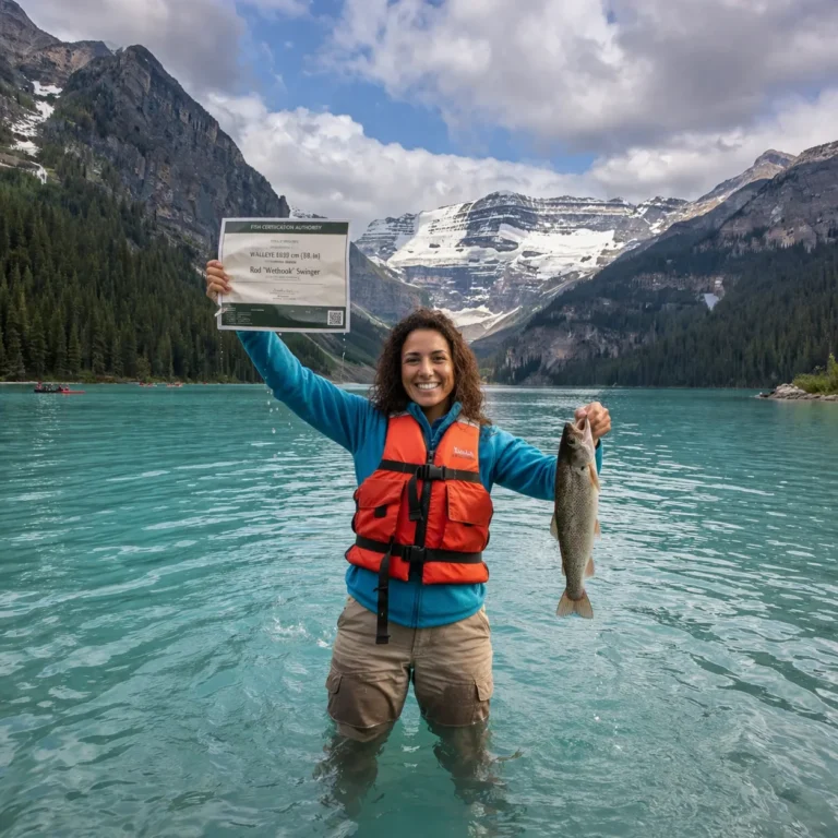 Angler holding a certified catch in a mountain lake